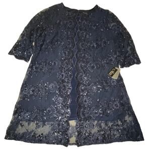Alex Evenings Plus Size Midi Scoop Neck Shift Dress with Jacket Navy Sequin 20W